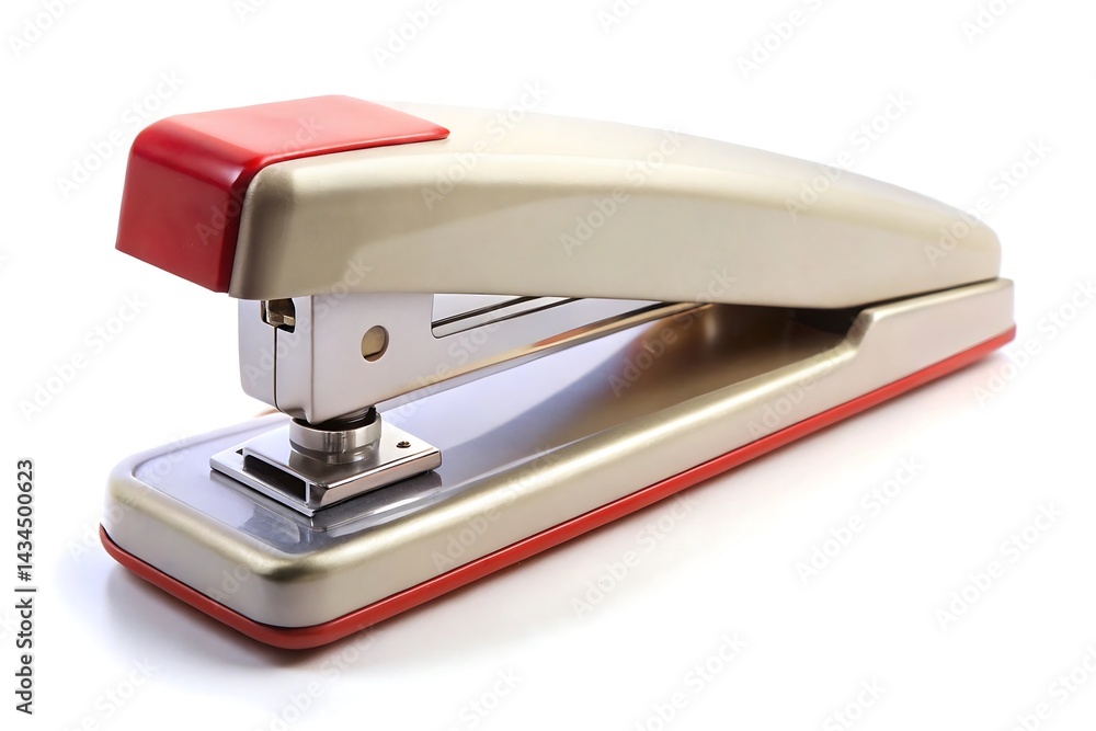 Close up of a beige and red stapler on a white background Photos, Standard Content, isolated Assets, isolated, Horizontal, Close up of a beige and red stapler on a white background Photos, Standard Content, isolated Assets, isolated, Horizontal,