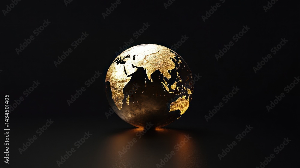 Fototapeta premium Illuminated golden globe, dark background, global connectivity concept