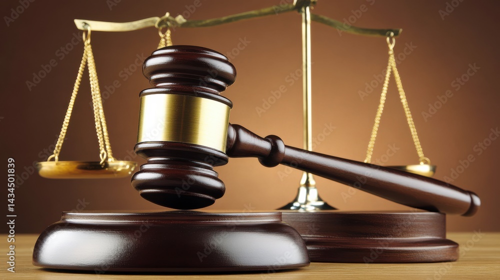 Justice Symbol with Wooden Gavel and Balance Scales on Wooden Table Background Justice Symbol with Wooden Gavel and Balance Scales on Wooden Table Background