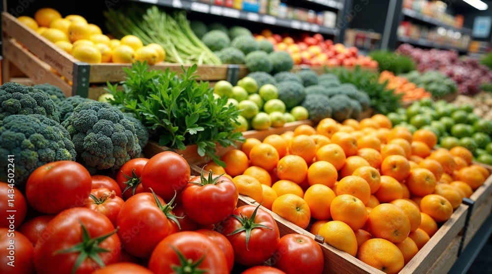 Fresh produce display in a grocery store. Ripe tomatoes, oranges, broccoli, and other colorful fruits and vegetables on wooden shelves. Healthy, organic, natural food, farmer's market, grocery store Fresh produce display in a grocery store. Ripe tomatoes, oranges, broccoli, and other colorful fruits and vegetables on wooden shelves. Healthy, organic, natural food, farmer's market, grocery store