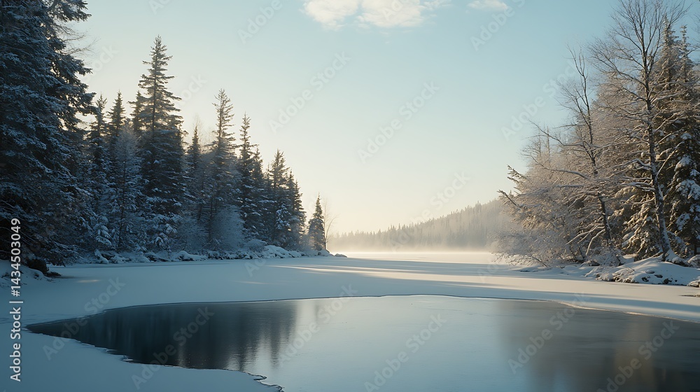 Obraz premium Winter wonderland: frozen lake, snow-covered trees, serene morning light.
