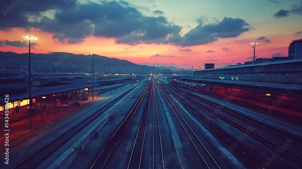 Obraz premium Sunset train tracks at a station with city in background