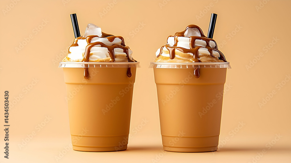 Two Iced Caramel Coffee Drinks with Whipped Cream
