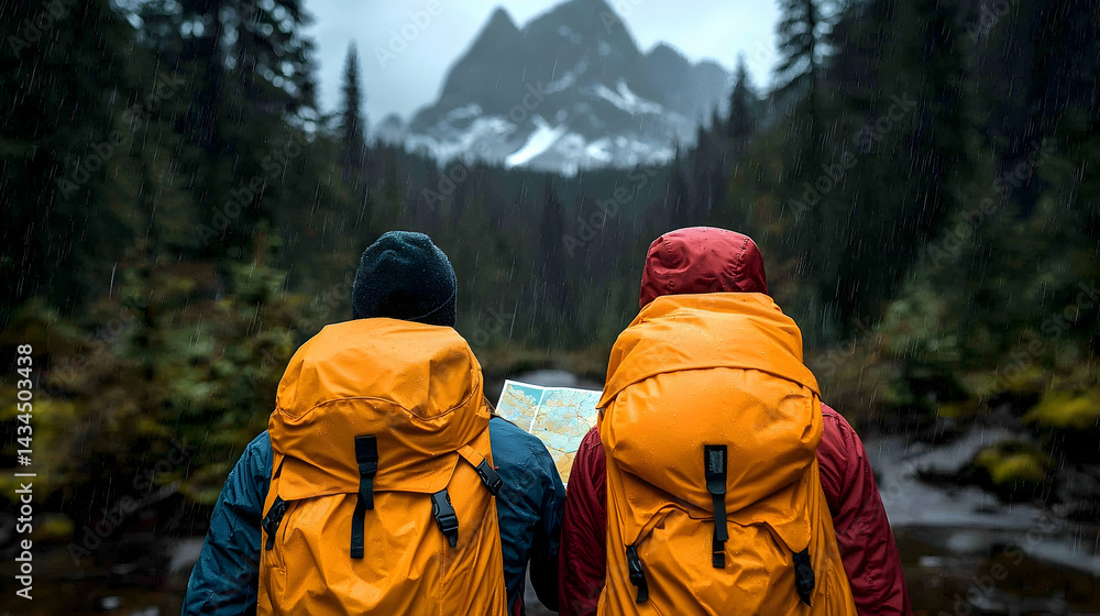 Two Hikers with Orange Backpacks Admire Scenic Mountain View in Snowy Forest