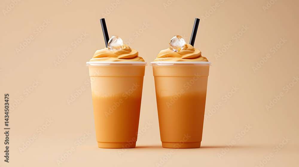 Two Iced Coffee Drinks in Plastic Cups with Ice and Whipped Cream on Beige Background