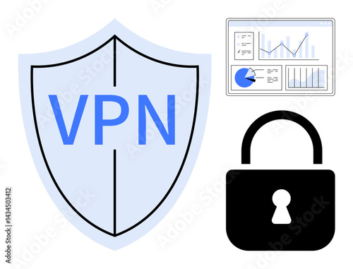 Shield with VPN, secure lock, analytics dashboard with graphs and charts. Ideal for cybersecurity, VPN services, data privacy, protection, analytics, IT security simple landing page