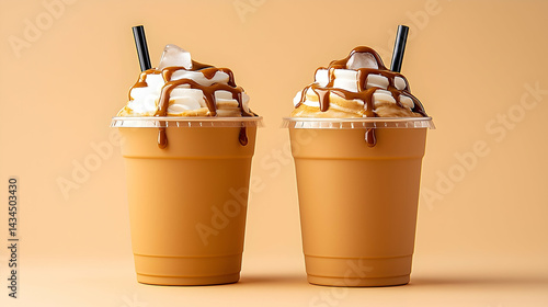 Obraz na płótnie Two Iced Caramel Coffee Drinks with Whipped Cream w salonie