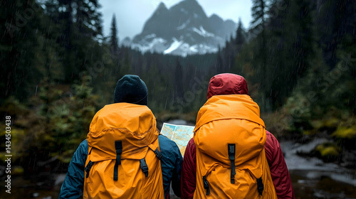Obraz na płótnie Two Hikers with Orange Backpacks Admire Scenic Mountain View in Snowy Forest w salonie