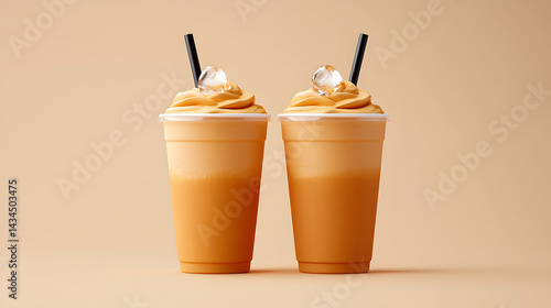 Obraz na płótnie Two Iced Coffee Drinks in Plastic Cups with Ice and Whipped Cream on Beige Background w salonie