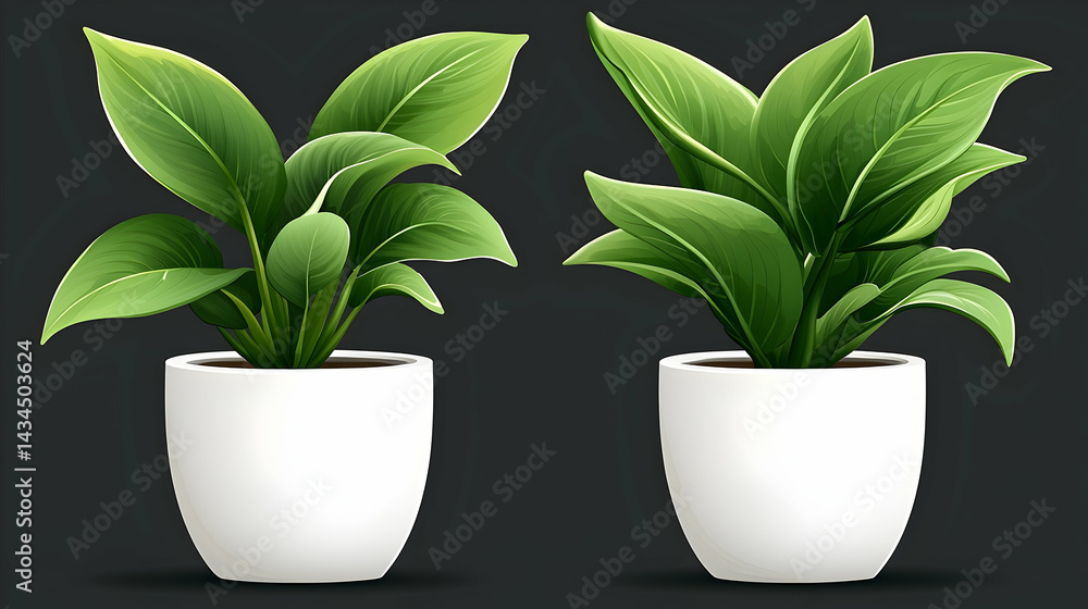 Two Lush Golden Pothos Plants in White Pots Against a Dark Background