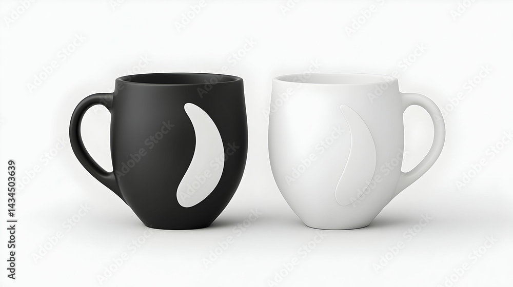 Two Minimalist Coffee Mugs Black and White Studio Shot
