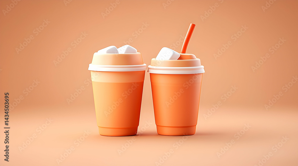Two Orange Plastic Cups of Iced Coffee with Marshmallows