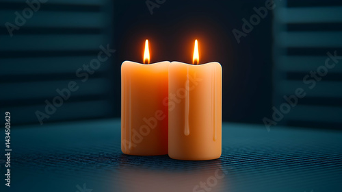 Obraz na płótnie Two Orange Candles Glowing Softly on Dark Surface w salonie
