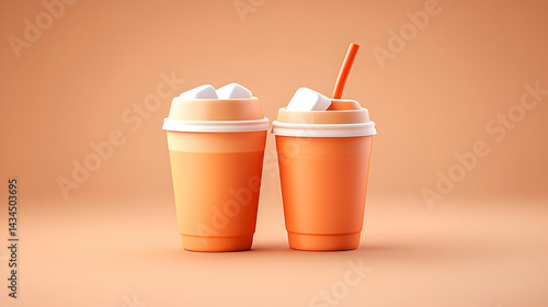Obraz na płótnie Two Orange Plastic Cups of Iced Coffee with Marshmallows w salonie