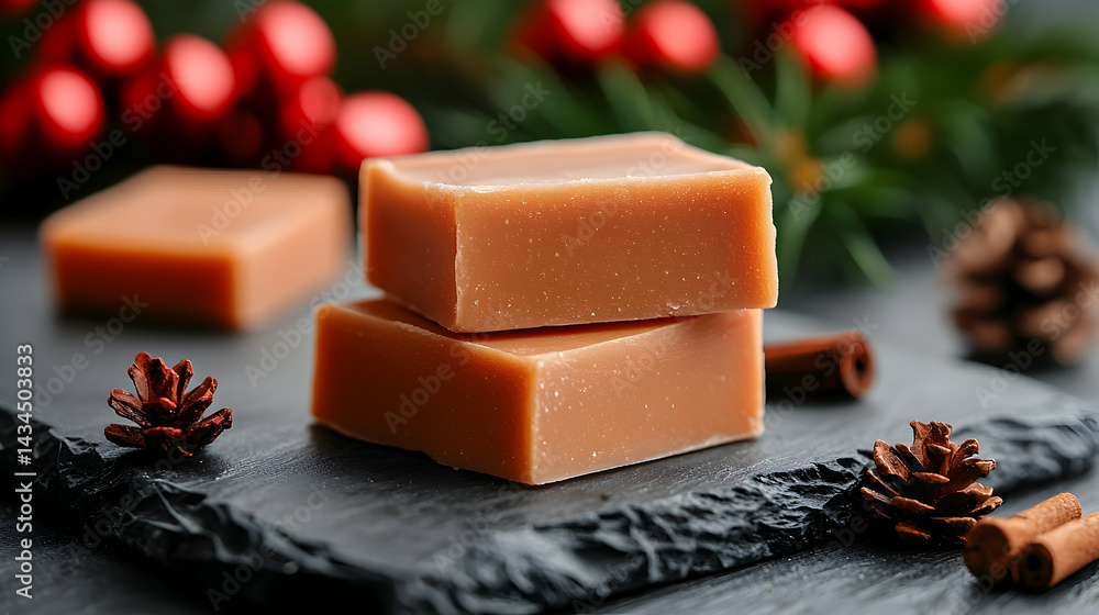 Two Pieces of Natural Brown Coniferous Soap on Dark Stone Surface with Festive Decorations