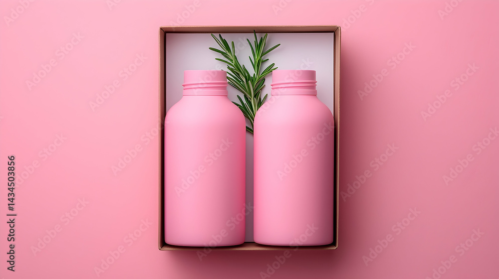 Two Pink Cylindrical Product Bottles in a Pink Gift Box with Rosemary Sprig