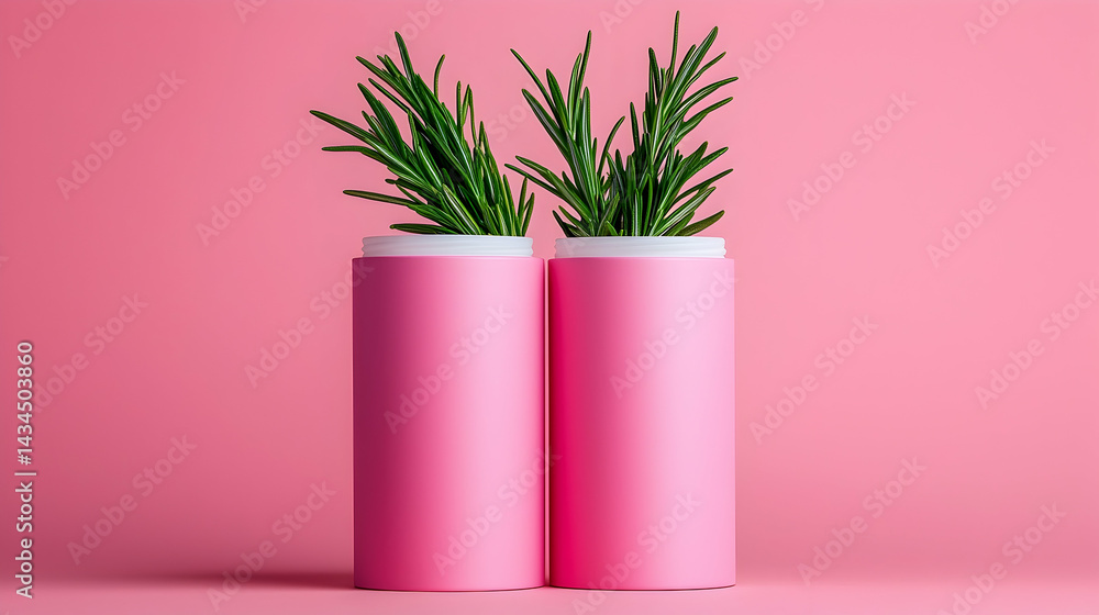 Two Pink Cylindrical Product Packages with Green Plants on Pink Background
