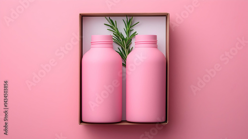 Obraz na płótnie Two Pink Cylindrical Product Bottles in a Pink Gift Box with Rosemary Sprig w salonie