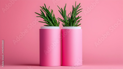 Obraz na płótnie Two Pink Cylindrical Product Packages with Green Plants on Pink Background w salonie