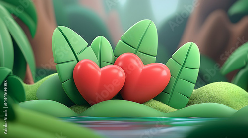 Obraz na płótnie Two Red Glossy Hearts Nestled Among Lush Green Tropical Leaves w salonie