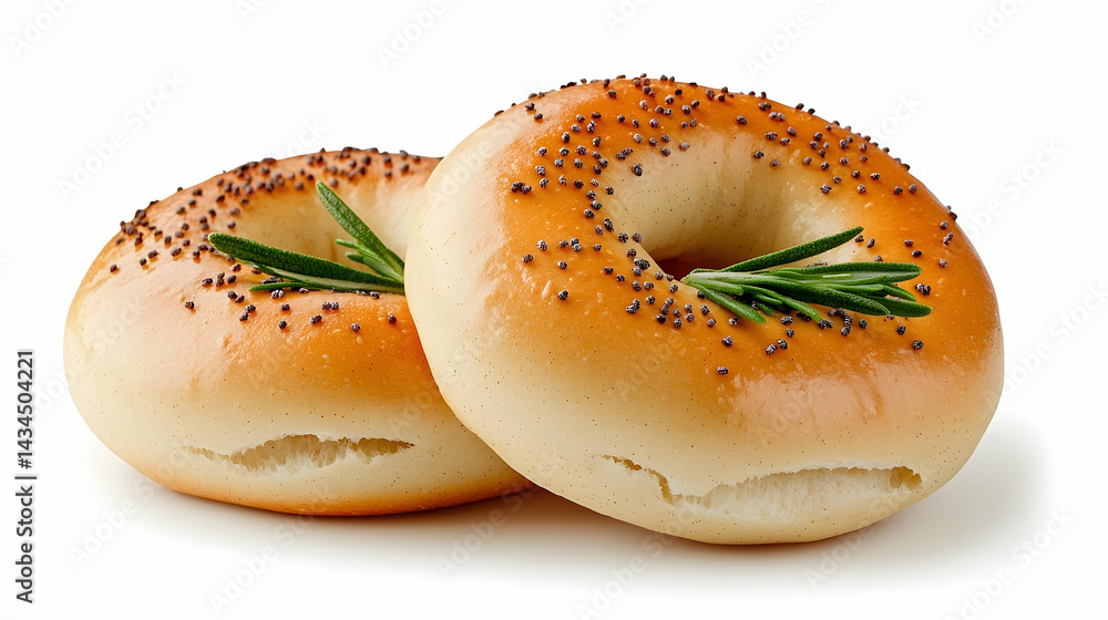 Two Sesame and Poppy Seed Bagels with Rosemary Sprigs