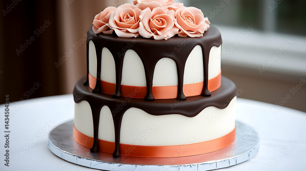 Two Tiered Wedding Cake with Chocolate Drizzle and Peach Roses