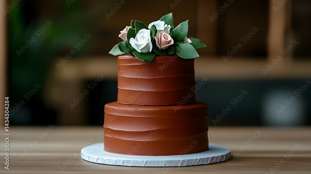 Two Tiered Chocolate Wedding Cake Decorated with White and Pink Roses