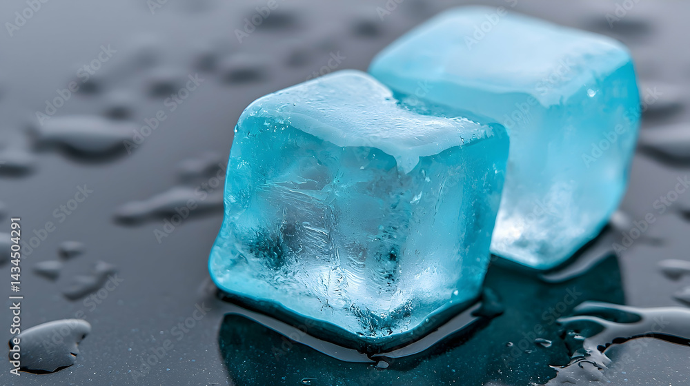 Two Translucent Blue Ice Cubes on a Reflective Dark Surface