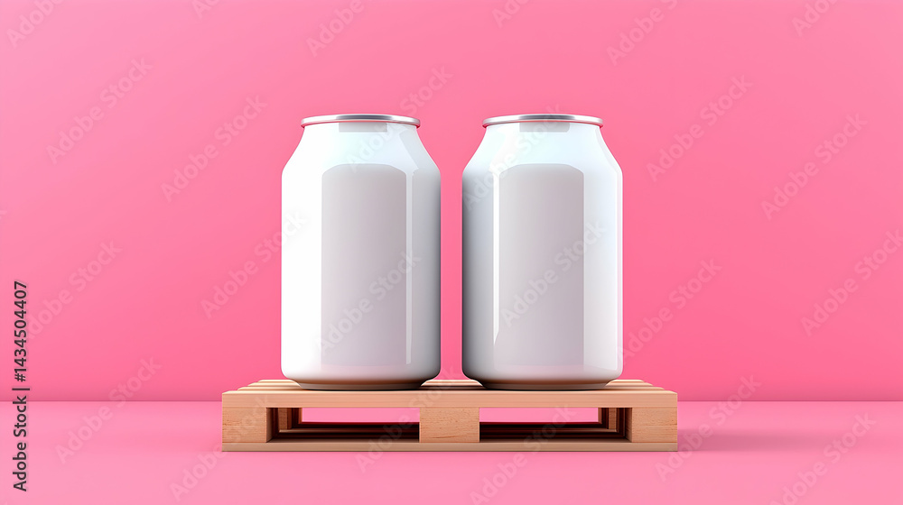 Two White Soda Cans on Wooden Pallet Against Pink Background
