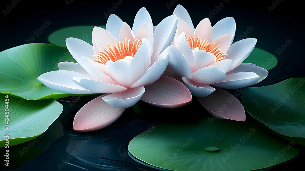 Two White Water Lilies on Lily Pads in Dark Water