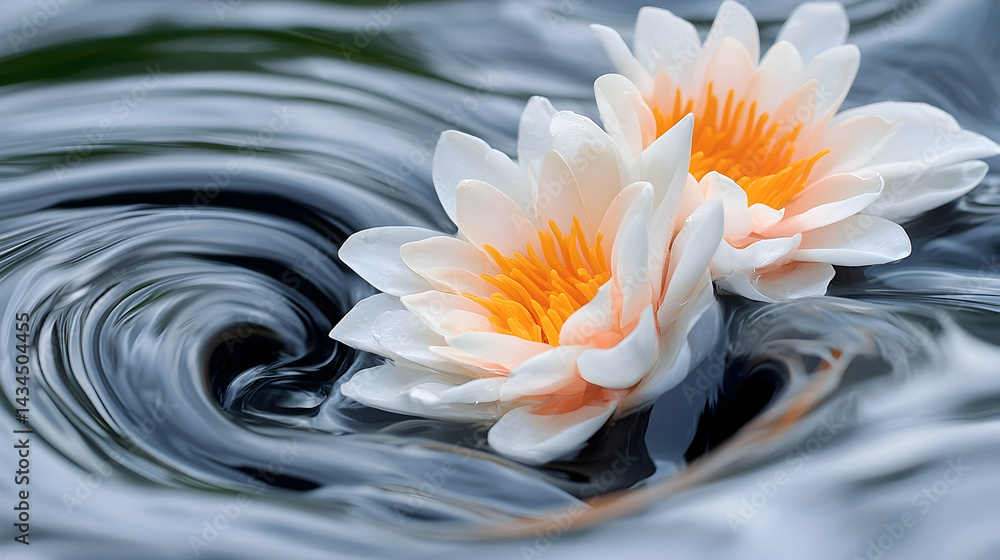 Two White Water Lilies with Orange Centers Float on Swirling Dark Water