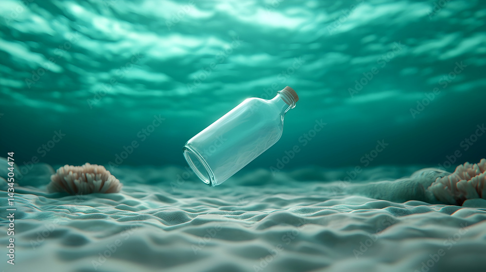 Underwater Scene with Glass Bottle and Coral Reef