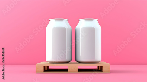 Obraz na płótnie Two White Soda Cans on Wooden Pallet Against Pink Background w salonie