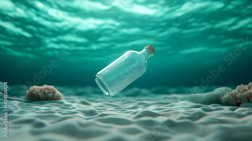 Obraz na płótnie Underwater Scene with Glass Bottle and Coral Reef w salonie