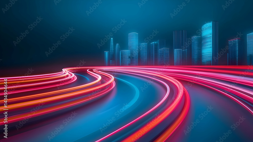 Urban Night Traffic with Glowing Light Trails and City Skyline