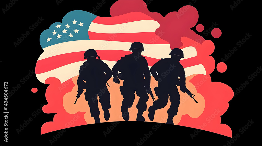 Veterans Day Illustration Featuring Silhouetted Soldiers and an American Flag
