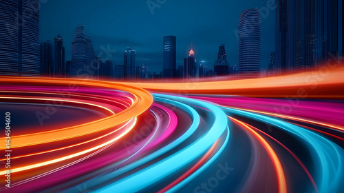 Obraz na płótnie Urban Night Traffic: Colorful Light Trails and City Skyline w salonie