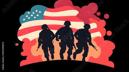 Obraz na płótnie Veterans Day Illustration Featuring Silhouetted Soldiers and an American Flag w salonie