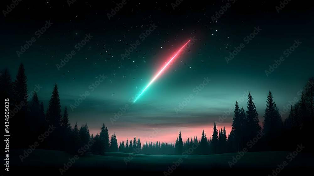 Vibrant Comet Streaking Across Night Sky Over Snowy Forest