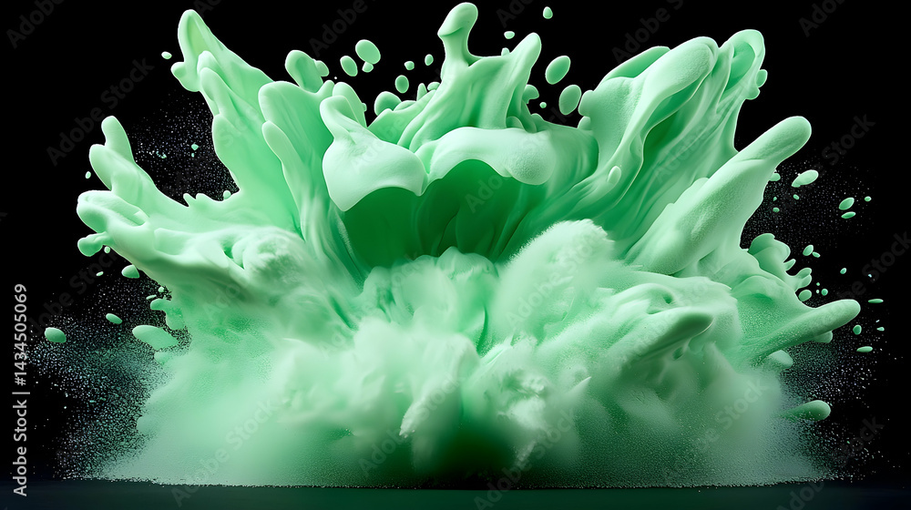 Vibrant Green Powder Burst Explosion on Black Background