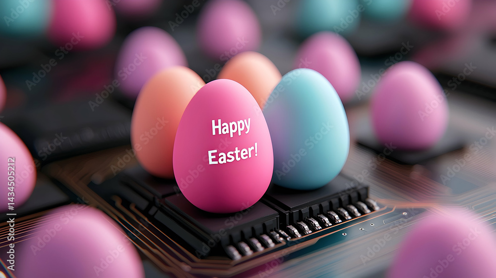 Vibrant Neon Easter Eggs on Digital Circuit Board
