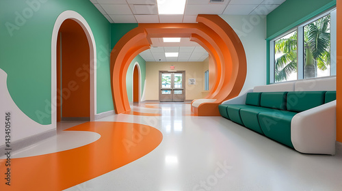 Obraz na płótnie Vibrant Pediatric Hospital Hallway with Orange and Green Walls w salonie