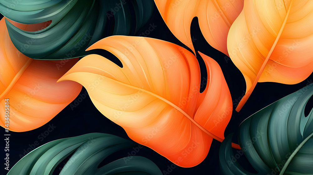Vibrant Tropical Leaves Pattern with Orange and Green Foliage