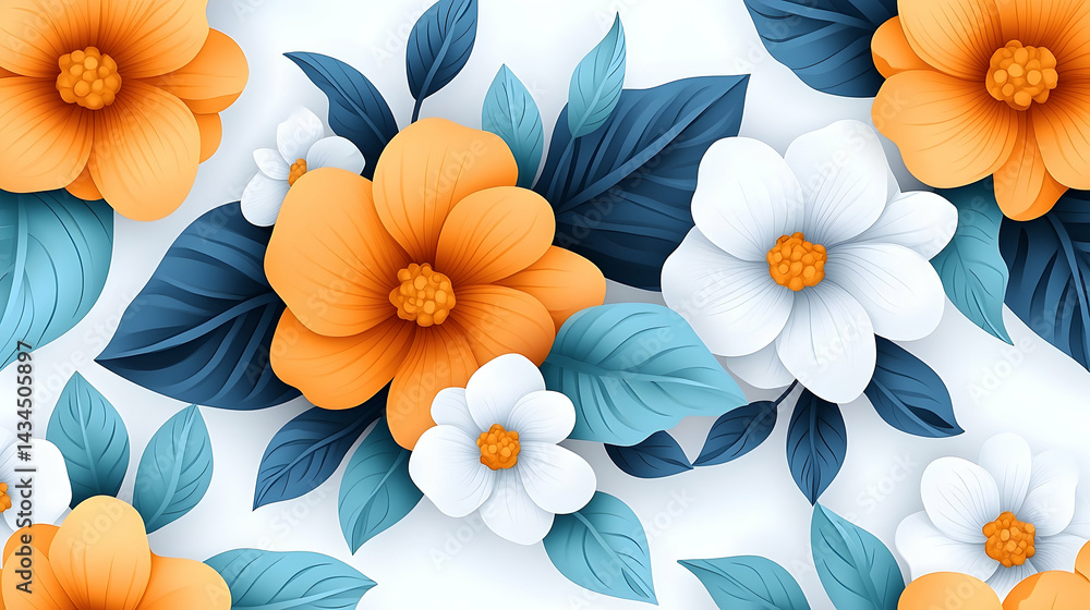 Vibrant Yellow and White Flowers with Blue and Green Leaves on White Background