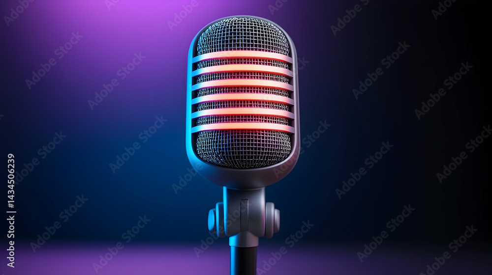 Vintage Microphone on Stage with Blue and Purple Lighting