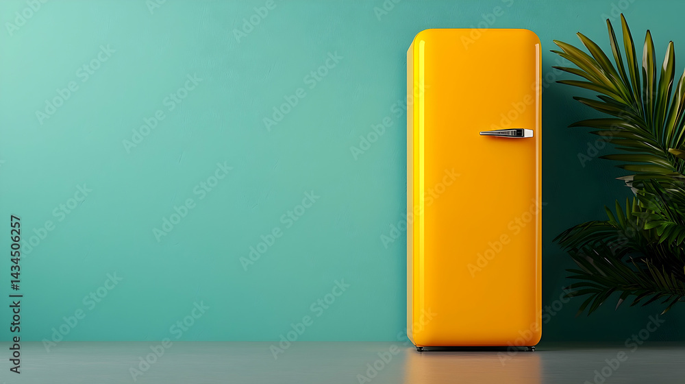 Vintage Orange Refrigerator Against Teal Wall
