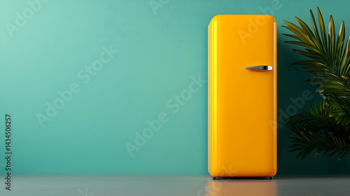 Obraz na płótnie Vintage Orange Refrigerator Against Teal Wall w salonie