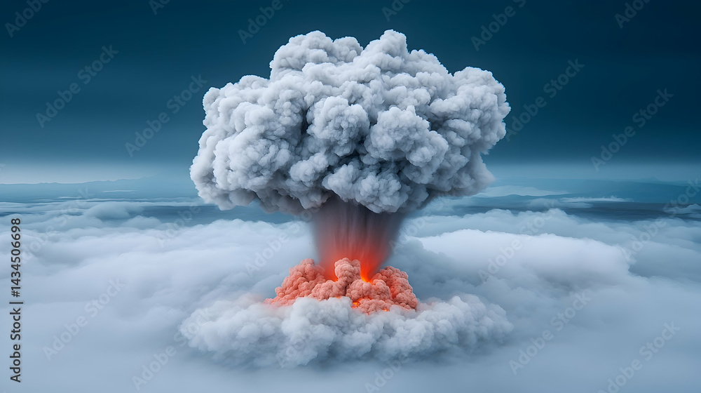 Volcanic Eruption Ash Cloud Over Lush Green Landscape