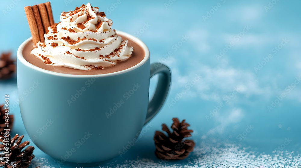 Warm Cocoa Drink with Whipped Cream and Cinnamon Stick