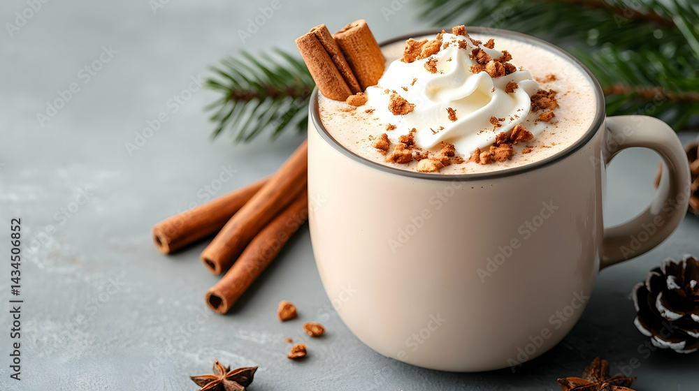 Warm Cocoa Drink with Whipped Cream and Cinnamon Sticks